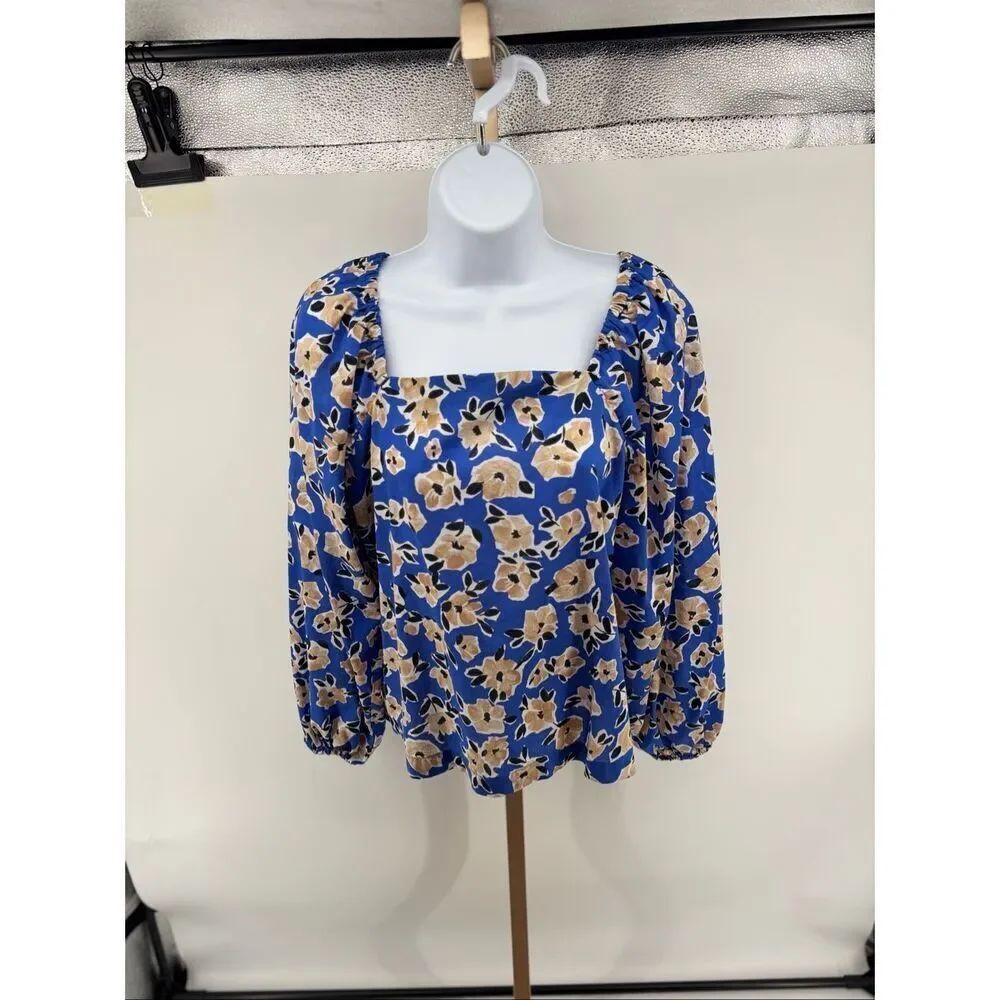 Ann Taylor Floral Square Neck Puff Sleeve Top Womens S Blue Tan Office Bohemian